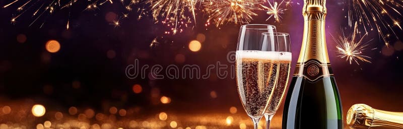 Celebrating with Champagne and Sparkling Fireworks at Night royalty free illustration