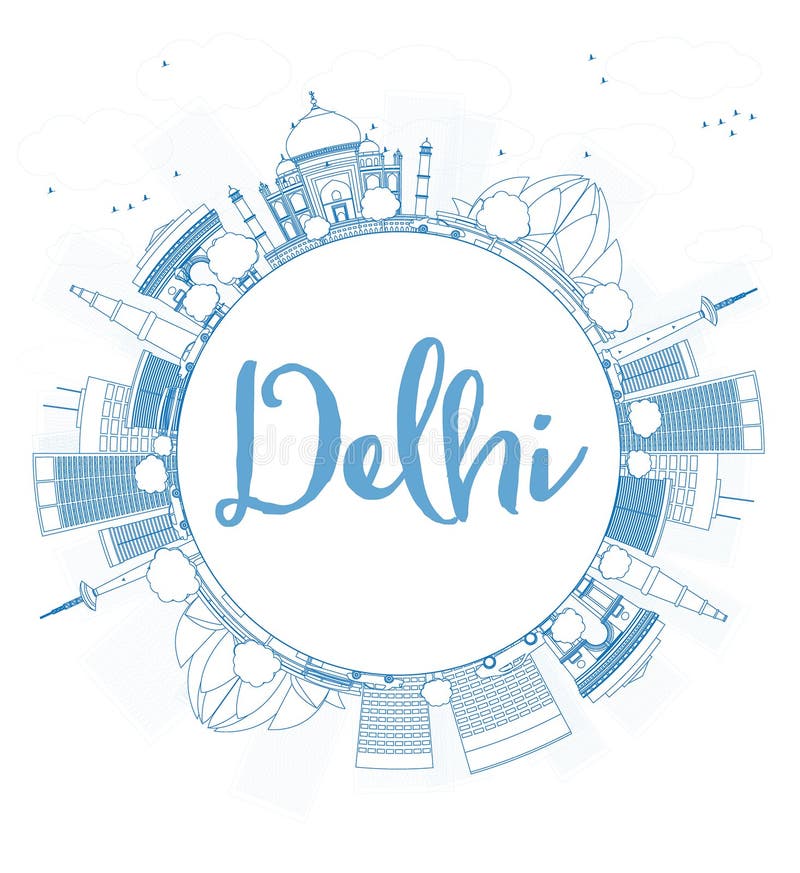 Descriva l'orizzonte di Delhi con i punti di riferimento blu e copi lo spazio illustrazione di stock Descriva l'orizzonte di Delhi con i punti di riferimento blu e copi lo spazio illustrazione di stock