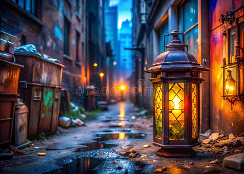 Descubriendo una Misteriosa Aventura Urbana en Dibujos Animados con Exploración de Linternas Nocturnas en un Encantador Paisaje Ur stock de ilustración