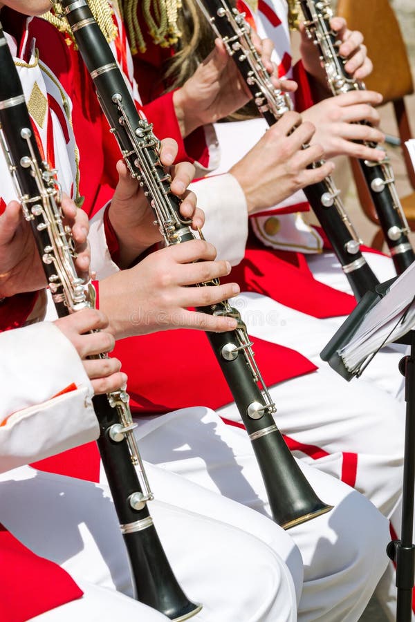Desempenho musical dos jogadores novos do clarinete fotos de stock Desempenho musical dos jogadores novos do clarinete fotos de stock