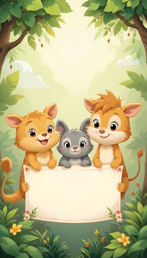 Desen animat Animal Holding Blank Banner in Jungle Cute Anunț Concept vector illustration