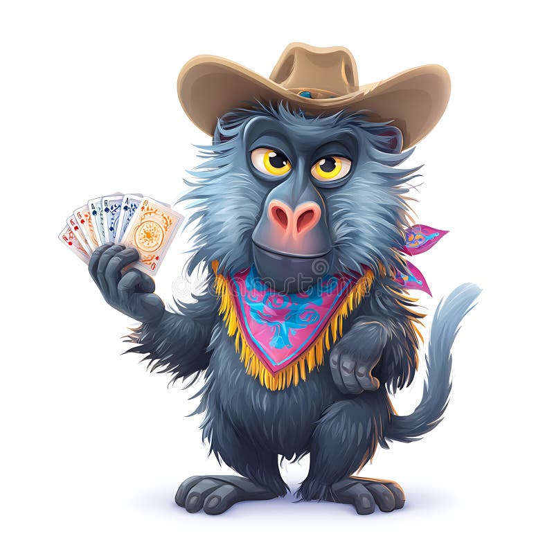 Desen animat Baboon în Cowboy Hat Holding Cărți de joc O ilustrare distractivă a unui babuin antropomorfic gata pentru un joc vector illustration