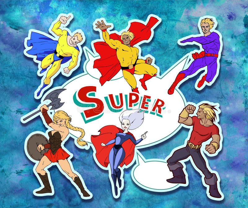 Desen animat strălucitor și colorat, cu o echipă amuzantă și minunată de super eroi minunați stock illustration