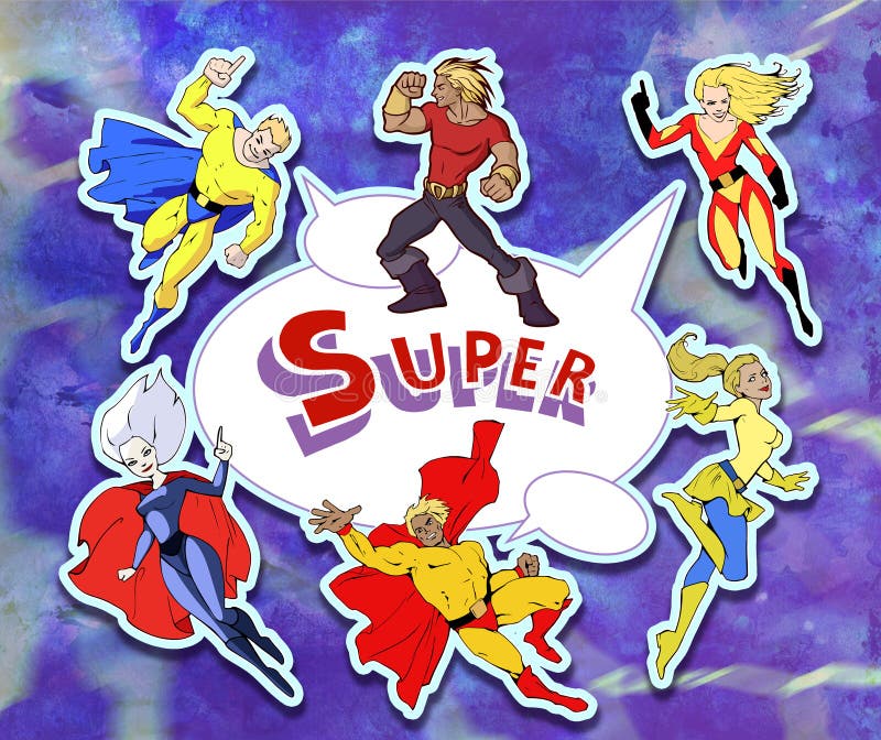 Desen animat strălucitor și colorat, cu o echipă amuzantă și minunată de super eroi minunați stock illustration