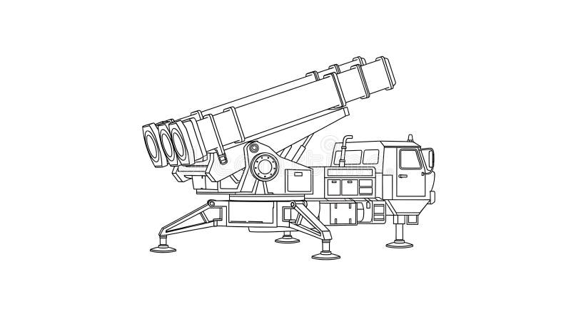 Desen de linie al unui lansator mobil de rachete montat pe o platformă de vehicule cu roți. stock illustration