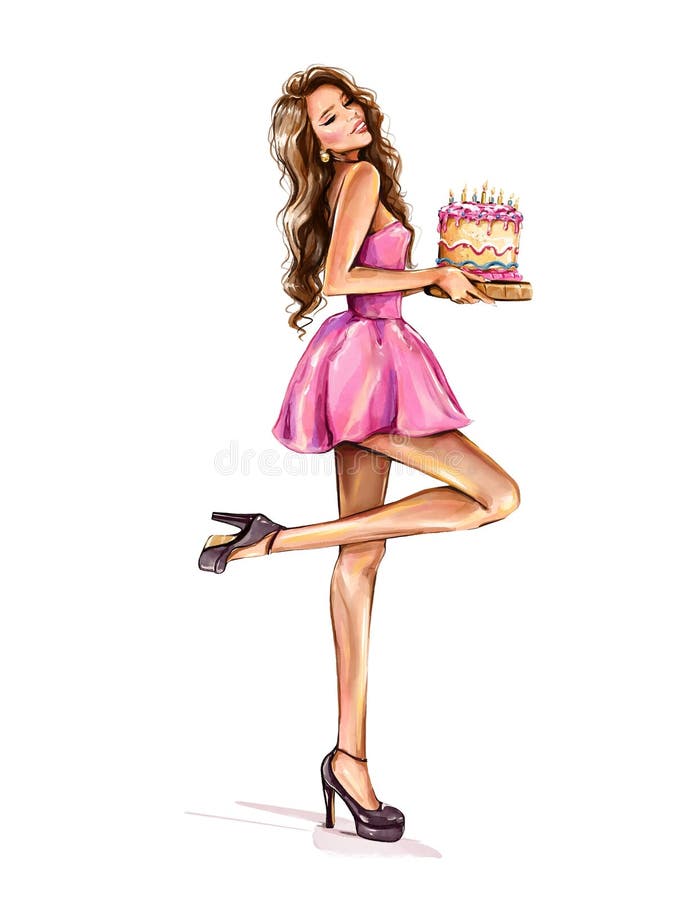 Desenat de mână acuarelă frumoasă zi de naștere fată care deține tort aniversar. Femeie în rochie roz. Bruneta par femeie ilustrat royalty free illustration