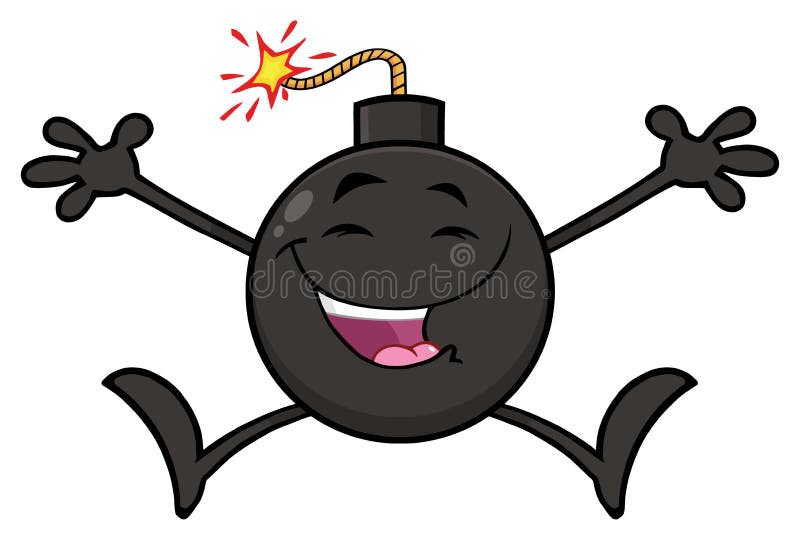 Desene animate cu bombă fericită, mascotă, sărind cu brațele deschise royalty free illustration