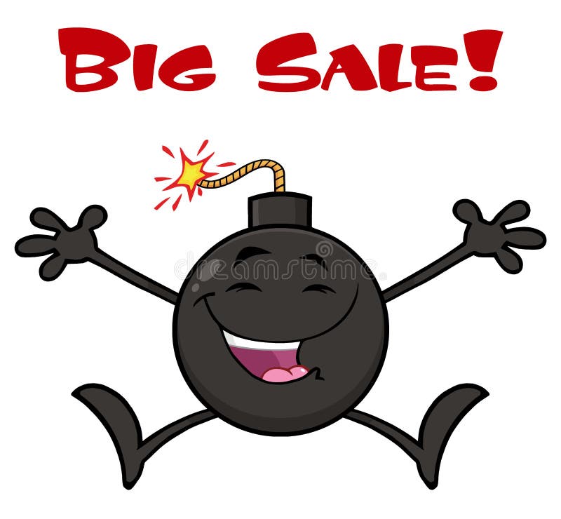 Desene animate cu bombă fericită, mascotă, sărind cu brațele deschise stock illustration