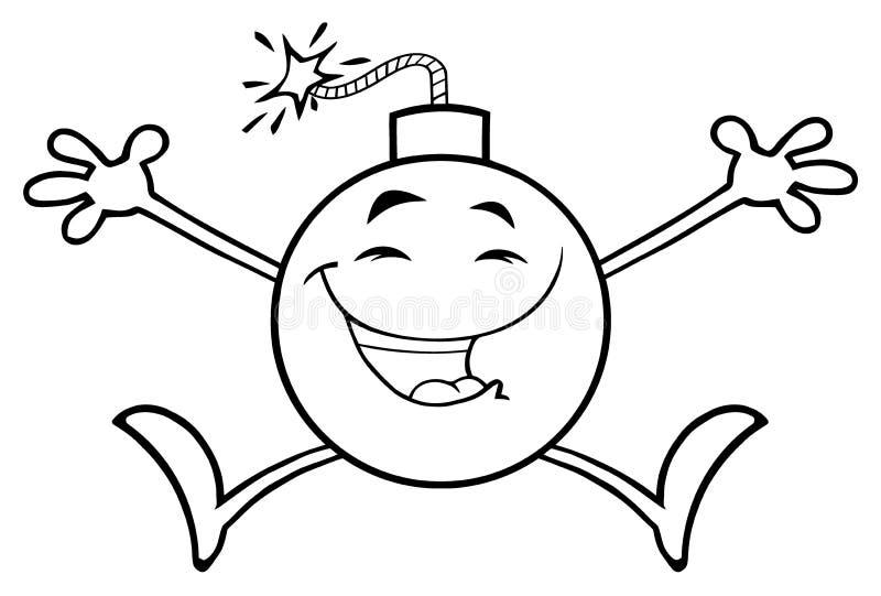 Desene animate cu bombă neagră și albă, cu un caracter mascotă, sărind cu brațele deschise vector illustration
