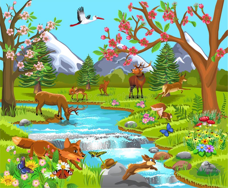 Desene animate ilustrate cu animale sălbatice într-un peisaj natural de primăvară royalty free illustration
