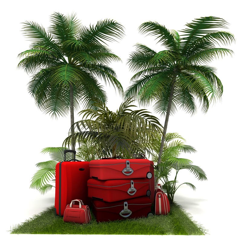 3D rendering of a pile of red luggage among exotic vegetation. 3D rendering of a pile of red luggage among exotic vegetation