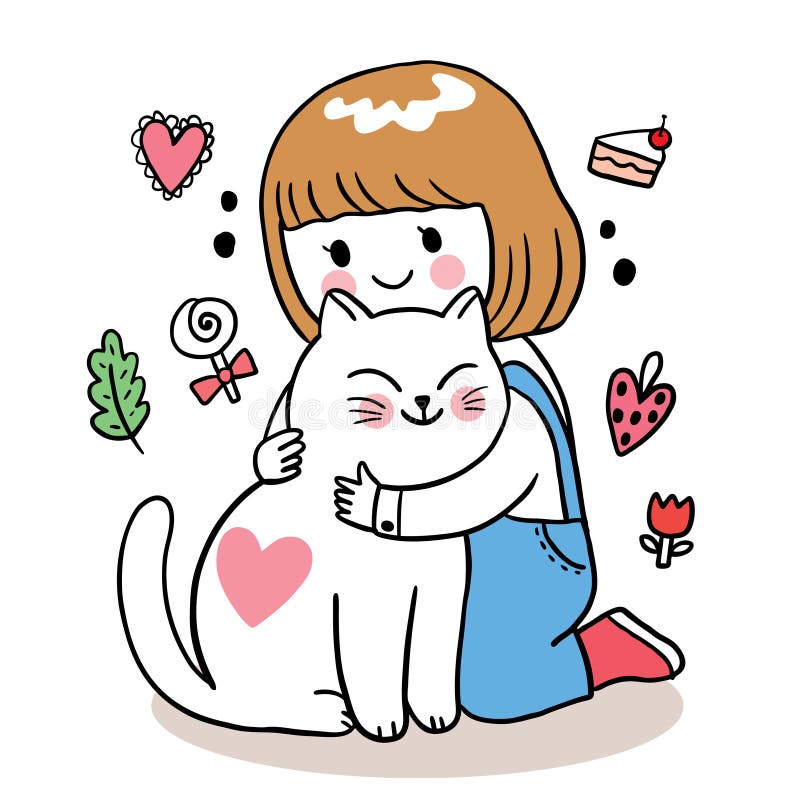 Mão desenhar desenho animado bonito do dia dos namorados, gatos e coração