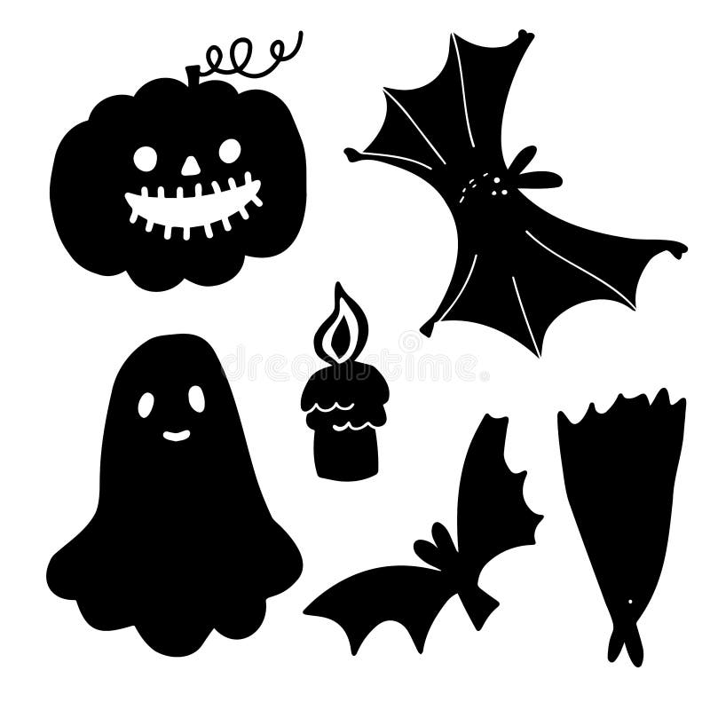 conjunto de desenhos animados de vetor doole desenhado à mão de objetos e  símbolos de halloween. esboço de fantasma, abóbora, osso, veneno, crânio,  livro de feitiços, gato, vela, morcego, túmulo 11593806 Vetor