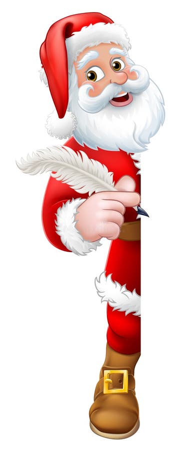 Santa Claus cartoon character peeking around a sign holding a quill pen. Christmas gift, naughty and nice list or letter to Santa concept. Santa Claus cartoon character peeking around a sign holding a quill pen. Christmas gift, naughty and nice list or letter to Santa concept.