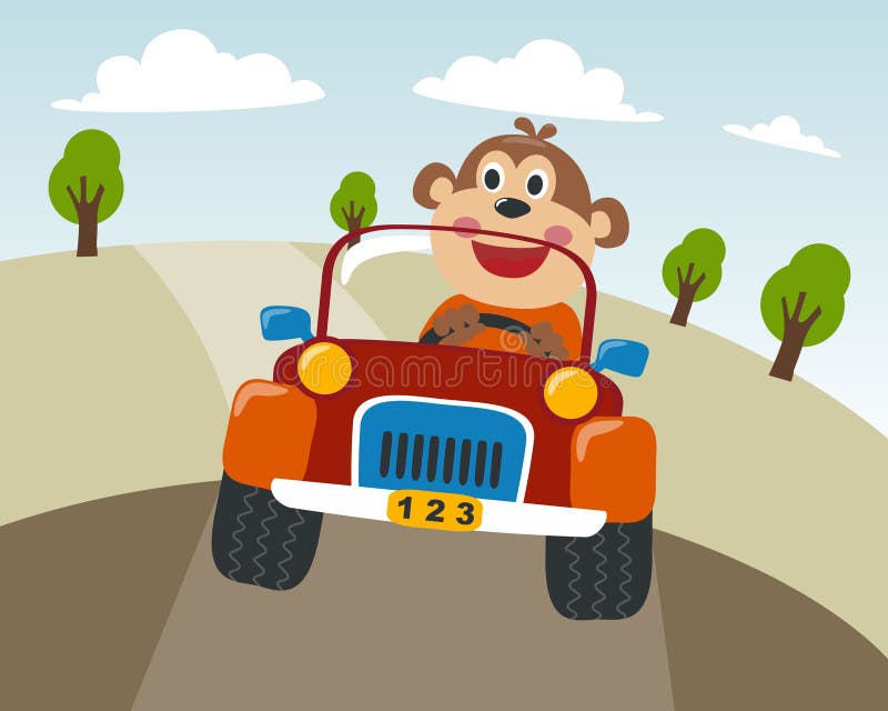 Desenhos Animados Macaco Bonito Dirigindo Carro Corrida Vintage