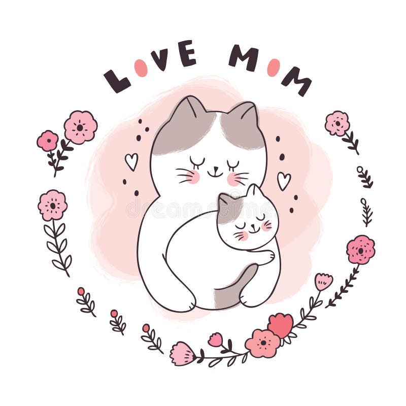Desenho de desenhos animados de gatos de mãe e bebê