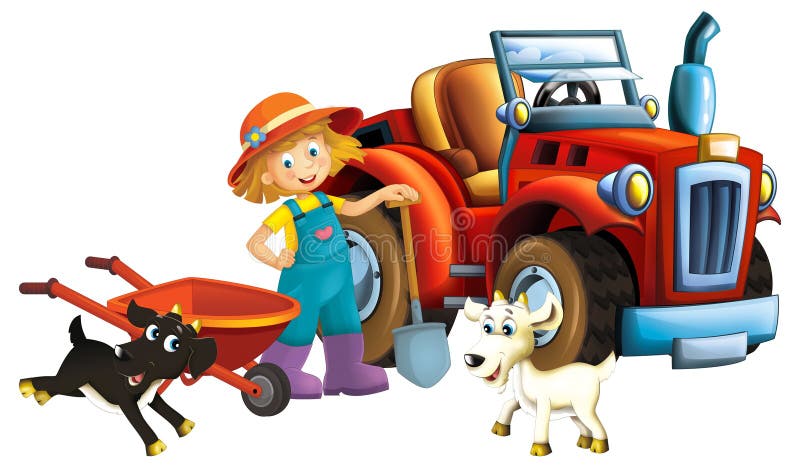 cartoon scene young girl near wheelbarrow and tractor car for different tasks farm animal goat playing farming tools illustration for kids. cartoon scene young girl near wheelbarrow and tractor car for different tasks farm animal goat playing farming tools illustration for kids