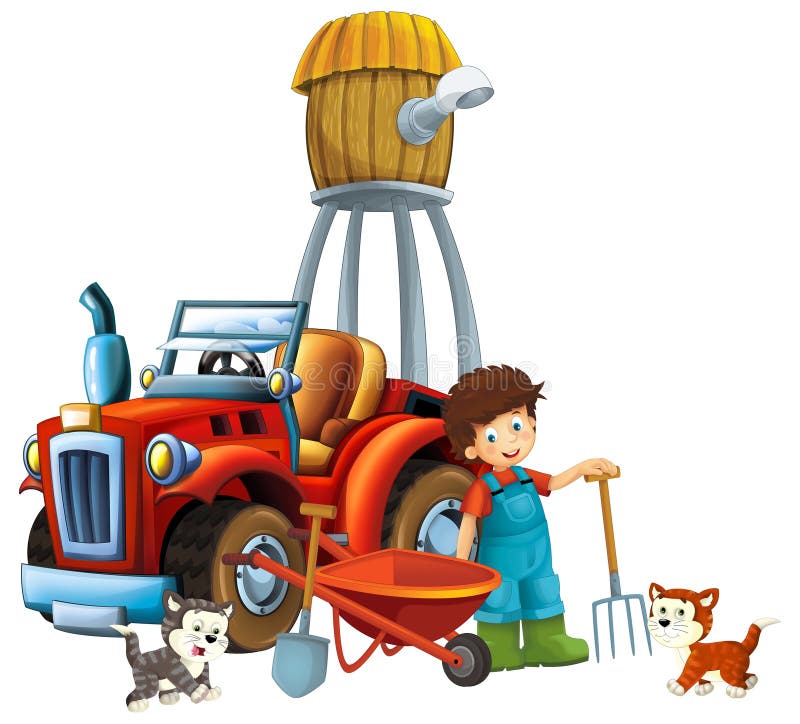 cartoon scene young boy near wheelbarrow and tractor car for different tasks farm animal cat playing farming tools illustration for kids. cartoon scene young boy near wheelbarrow and tractor car for different tasks farm animal cat playing farming tools illustration for kids