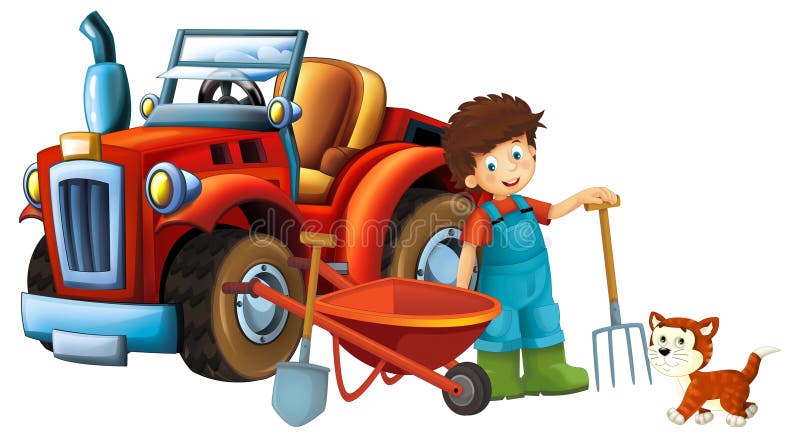 cartoon scene young boy near wheelbarrow and tractor car for different tasks farm animal cat playing farming tools illustration for kids. cartoon scene young boy near wheelbarrow and tractor car for different tasks farm animal cat playing farming tools illustration for kids