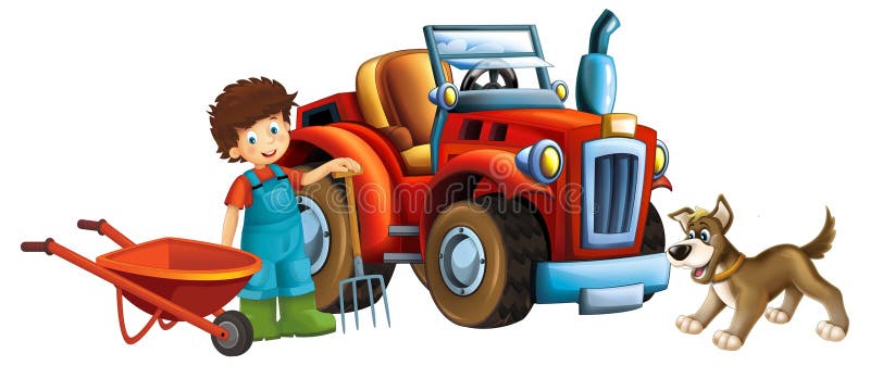 cartoon scene young boy near wheelbarrow and tractor car for different tasks farm animal dog playing farming tools illustration for kids. cartoon scene young boy near wheelbarrow and tractor car for different tasks farm animal dog playing farming tools illustration for kids