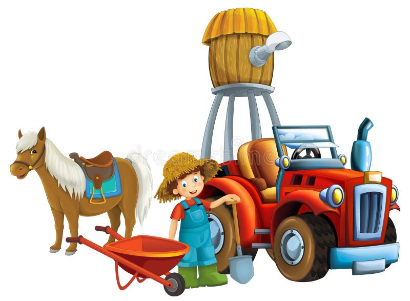 cartoon scene young boy near wheelbarrow and tractor car for different tasks farm animal horse playing farming tools illustration for kids. cartoon scene young boy near wheelbarrow and tractor car for different tasks farm animal horse playing farming tools illustration for kids