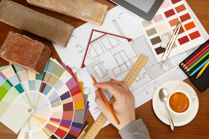Desenho arquitetónico da fachada, guia de duas cores da paleta, lápis a imagem de stock Desenho arquitetónico da fachada, guia de duas cores da paleta, lápis a imagem de stock