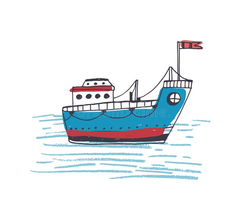 Desenho colorido do ferryboat do passageiro ou da embarcação marinha com navigação da bandeira no mar Navio da carga ou do cargue ilustração royalty free Desenho colorido do ferryboat do passageiro ou da embarcação marinha com navigação da bandeira no mar Navio da carga ou do cargue ilustração royalty free