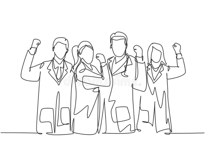 um desenho de linha de grupos de jovens médicos felizes fazendo gesto de  polegar para o melhor serviço de saúde no hospital. conceito de trabalho de equipe  médica. ilustração em vetor desenho