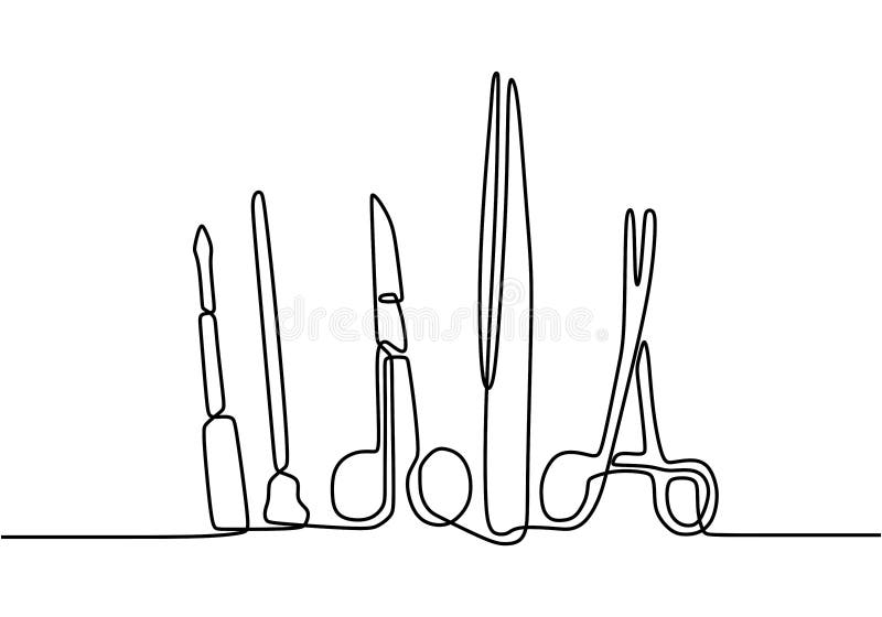 Desenho Contínuo De Uma Linha Das Ferramentas Cirúrgicas Médicas. Tesoura  Cirúrgica Recortada Pelo Bisturi. Prática Profissional Ilustração do Vetor  - Ilustração de doutor, branco: 183308839