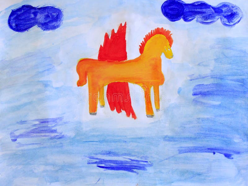 Desenho criançola de Pegasus no azul ilustração do vetor Desenho criançola de Pegasus no azul ilustração do vetor