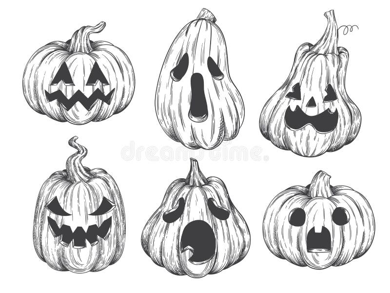 Desenho Da Cara De Abóbora. Desenho Das Abóboras De Halloween Assustadoras  Ou Rostos Felizes Gravando Jack Lanterna Para Decoração Ilustração do Vetor  - Ilustração de assustador, outubro: 254176196