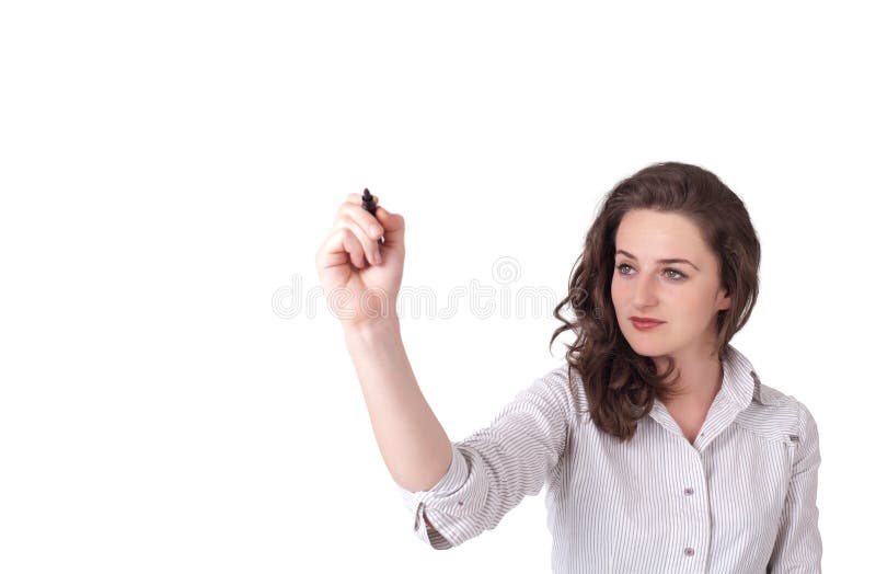 Desenho da jovem mulher no wihteboard imagens de stock Desenho da jovem mulher no wihteboard imagens de stock