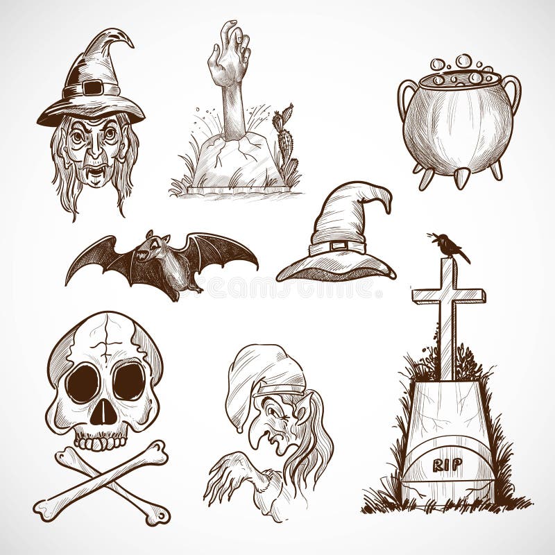 Conjunto de elementos de halloween ou ilustração com mão ou desenho estilo