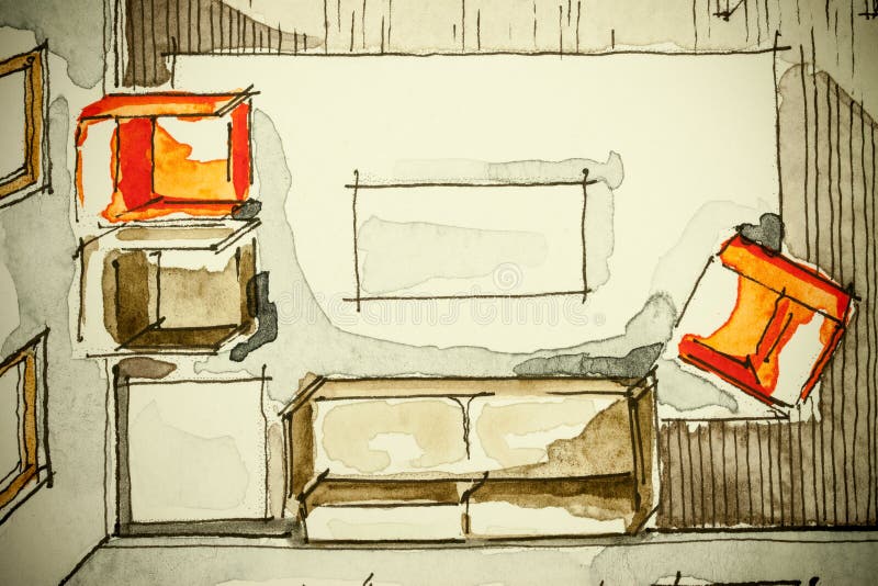 Desenho de esboço a mão livre da tinta da aquarela da planta baixa parcial da casa como a pintura do aquarell que mostra a sala d ilustração stock Desenho de esboço a mão livre da tinta da aquarela da planta baixa parcial da casa como a pintura do aquarell que mostra a sala d ilustração stock