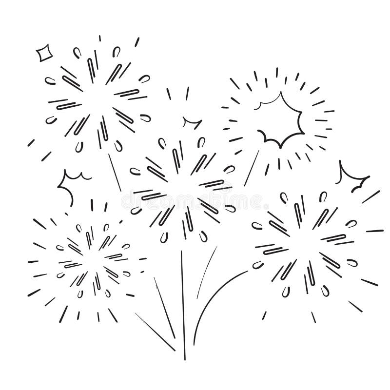 Conjunto de fogos de artifício mão de desenho sobre um fundo branco.  ilustração.