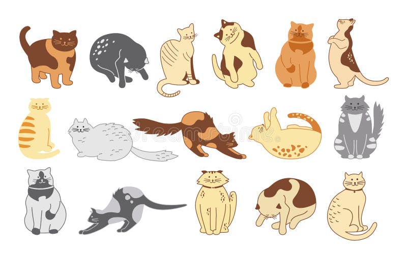 Conjunto de ilustrações de personagens de desenhos animados de gato bonito.  gatos com nariz em forma de coração, gatinhos fofinhos felizes sorrindo,  gatinhos laranja e cinza sentados no branco