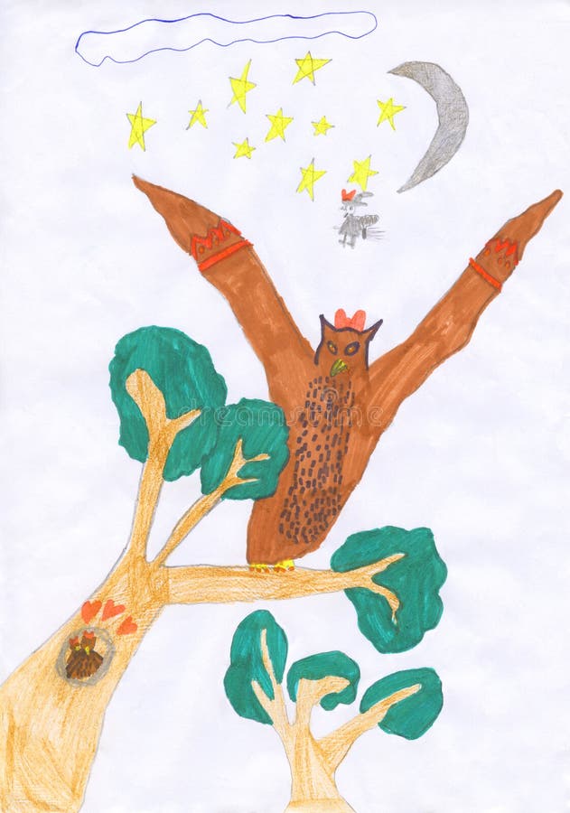 Desenho de lápis colorido criança de uma coruja na noite ilustração stock Desenho de lápis colorido criança de uma coruja na noite ilustração stock