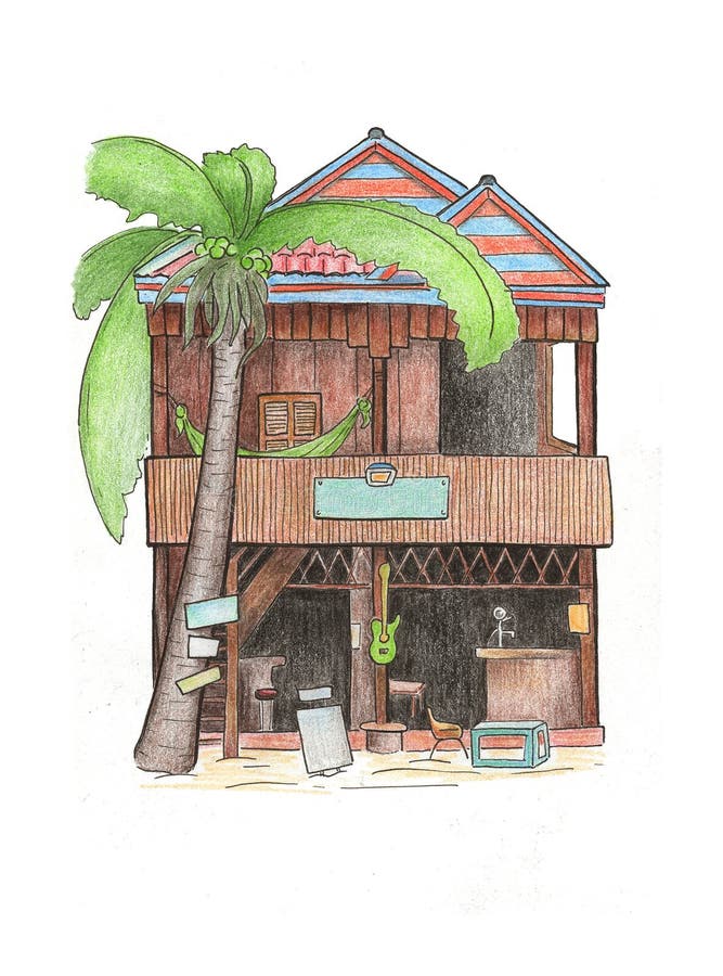 Desenho de madeira da casa e da palmeira Esboço do curso de Camboja Cartão colorido da ilha tropical de Koh Rong ilustração royalty free Desenho de madeira da casa e da palmeira Esboço do curso de Camboja Cartão colorido da ilha tropical de Koh Rong ilustração royalty free
