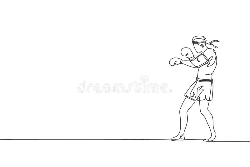 O desenho de arte de linha única do jogador de boxe continua a ilustração  vetorial de linha