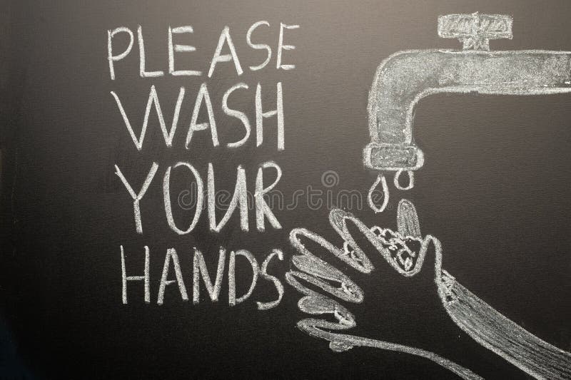 Drawing of a hand wash on the blackboard with chalk and the inscription -Please wash your hands. Coronavirus, precautions. Drawing of a hand wash on the blackboard with chalk and the inscription -Please wash your hands. Coronavirus, precautions.
