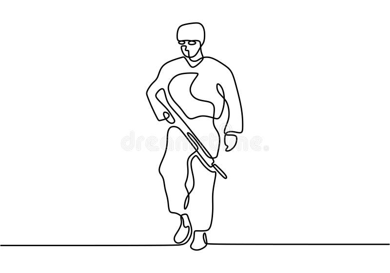 mão única de desenho de uma linha segurando a arma através do