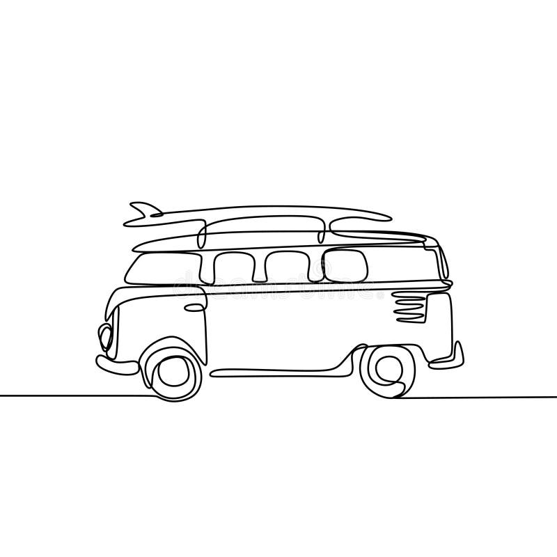 Desenho de uma linha de uma van com prancheta na praia ilustraÃ§Ã£o de vetor minimalista