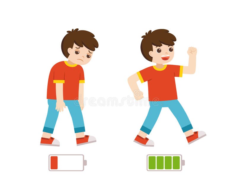 Desenho de vetor colorido de animação energética, cansada ou exausta, rapaz e energia vital. ilustração stock