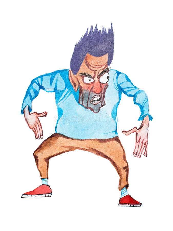 Desenho do Aquarelle do homem furioso dos desenhos animados que está na pose de ataque ou de ameaça ilustração stock Desenho do Aquarelle do homem furioso dos desenhos animados que está na pose de ataque ou de ameaça ilustração stock
