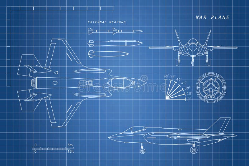 Desenho do avião militar Parte superior, lado, vistas dianteiras Avião de combate