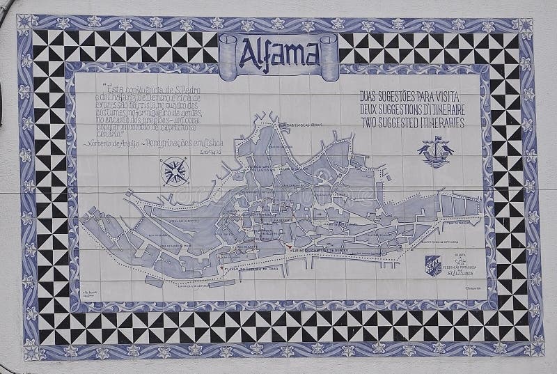 Alfama Map with frame of azulejos on wall in the famous Largo Chafariz Square. Alfama district downtown in Lisbon the capital of Portugal on 16th July 2019. Alfama Map with frame of azulejos on wall in the famous Largo Chafariz Square. Alfama district downtown in Lisbon the capital of Portugal on 16th July 2019.