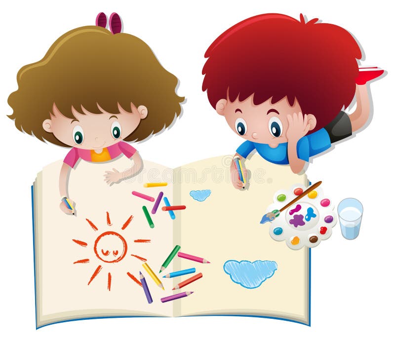 Desenho do menino e da menina no livro grande ilustração royalty free Desenho do menino e da menina no livro grande ilustração royalty free