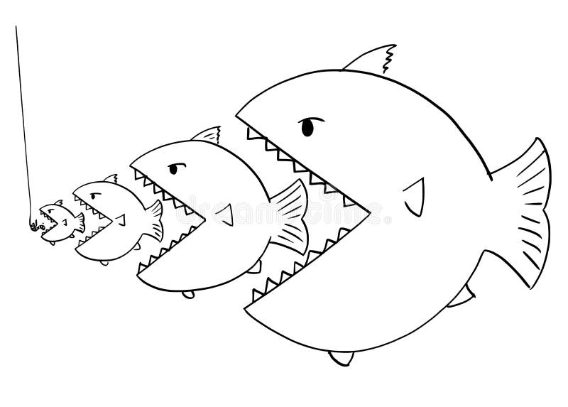 Cartoon drawing or illustration of line of fish, bigger is eating smaller ones, metaphor of business competition or food chain in nature. Cartoon drawing or illustration of line of fish, bigger is eating smaller ones, metaphor of business competition or food chain in nature.