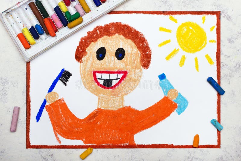 Photo of colorful drawing: little smiling boy brushing his teeth. Boy holding toothpaste and a toothbrush in hands. Photo of colorful drawing: little smiling boy brushing his teeth. Boy holding toothpaste and a toothbrush in hands