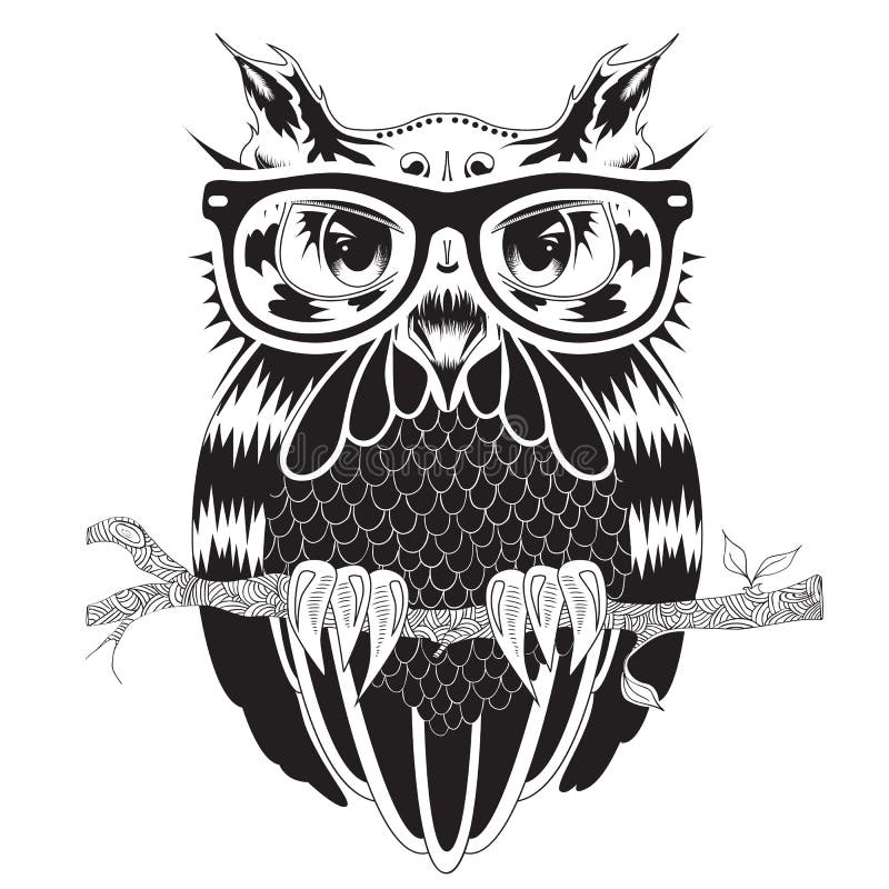 Desenho gráfico da coruja em vidros do moderno, projeto da tatuagem, vetor ilustração stock Desenho gráfico da coruja em vidros do moderno, projeto da tatuagem, vetor ilustração stock